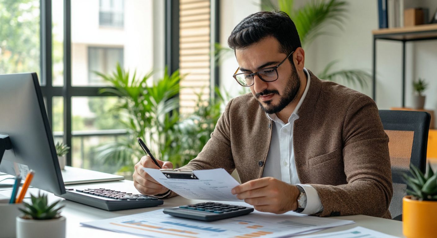 A Turkish accountant in a modern office meticulously reviews a blank spreadsheet with a calculator, symbolizing zero-based budgeting, while another casually flips through past financial reports, representing arbitrary budgeting.