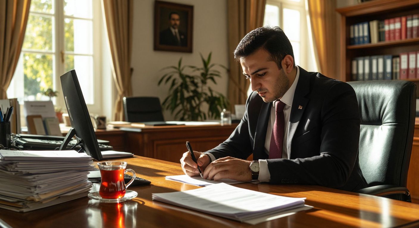 A Turkish citizen in business attire sits at a wooden desk in a sunlit government office, carefully filling out a digital form on a computer while holding their national ID card, with a stack of documents and a steaming cup of Turkish tea beside them.