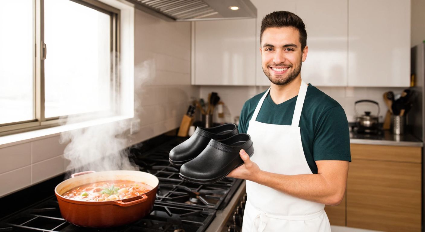 A smiling chef in a white apron stands in a bright kitchen, holding a pair of sturdy, slip-resistant clogs with a non-slip sole, while steam rises from a pot of simmering Turkish stew in the background.