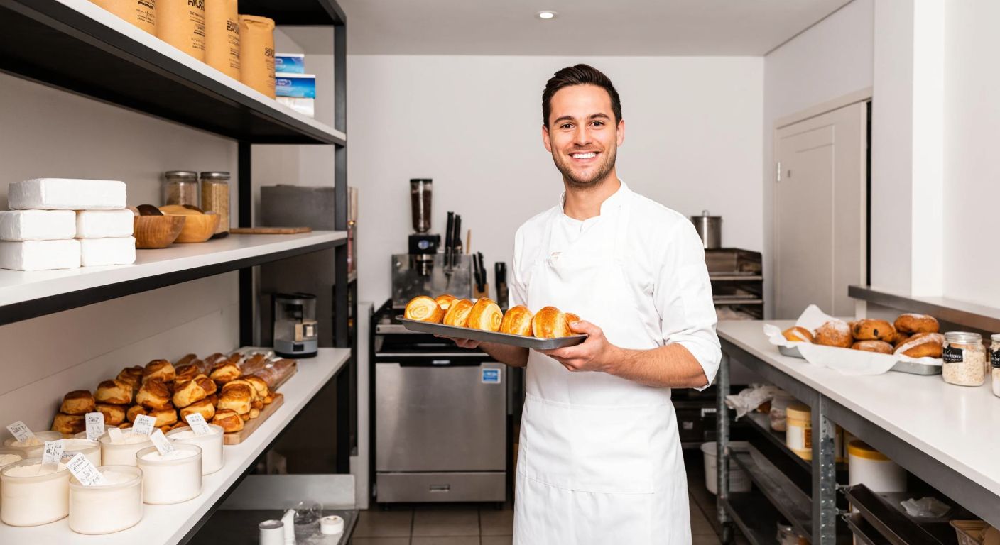 A cheerful baker in a white apron stands in a bright, modern bakery, holding a tray of fresh pastries while surrounded by shelves stocked with baking ingredients like flour, sugar, and yeast.
