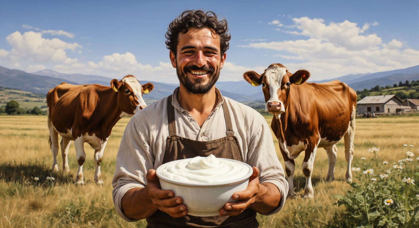 A smiling Turkish farmer in a sunlit field holds a gleaming white ceramic bowl of thick, creamy yogurt, with a contented Jersey cow grazing peacefully in the background.