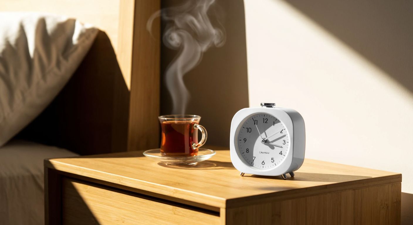 A sleek white alarm clock with a minimalist design sits on a wooden nightstand beside a steaming cup of Turkish tea, bathed in warm morning sunlight.