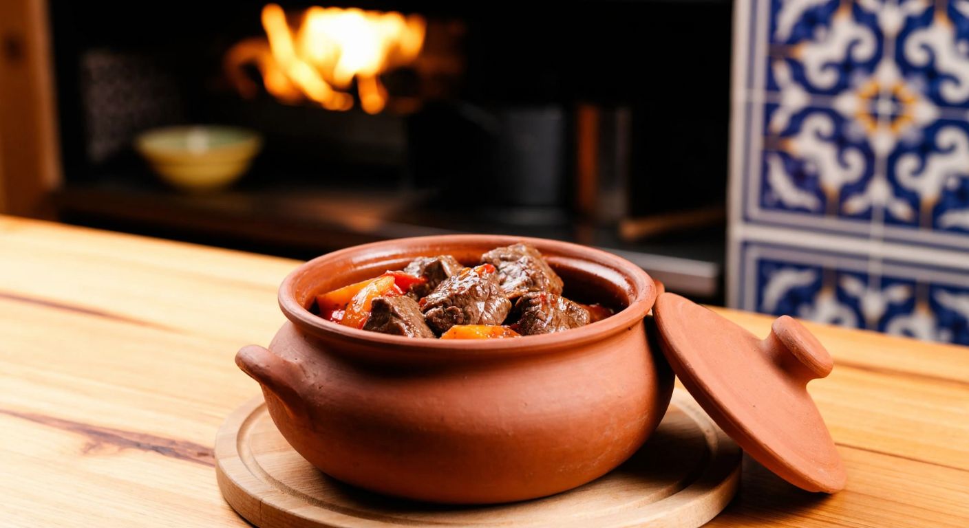 A rustic clay pot filled with sizzling beef stew, resting on a wooden table in a cozy Turkish kitchen with warm lighting and traditional ceramic tiles in the background.