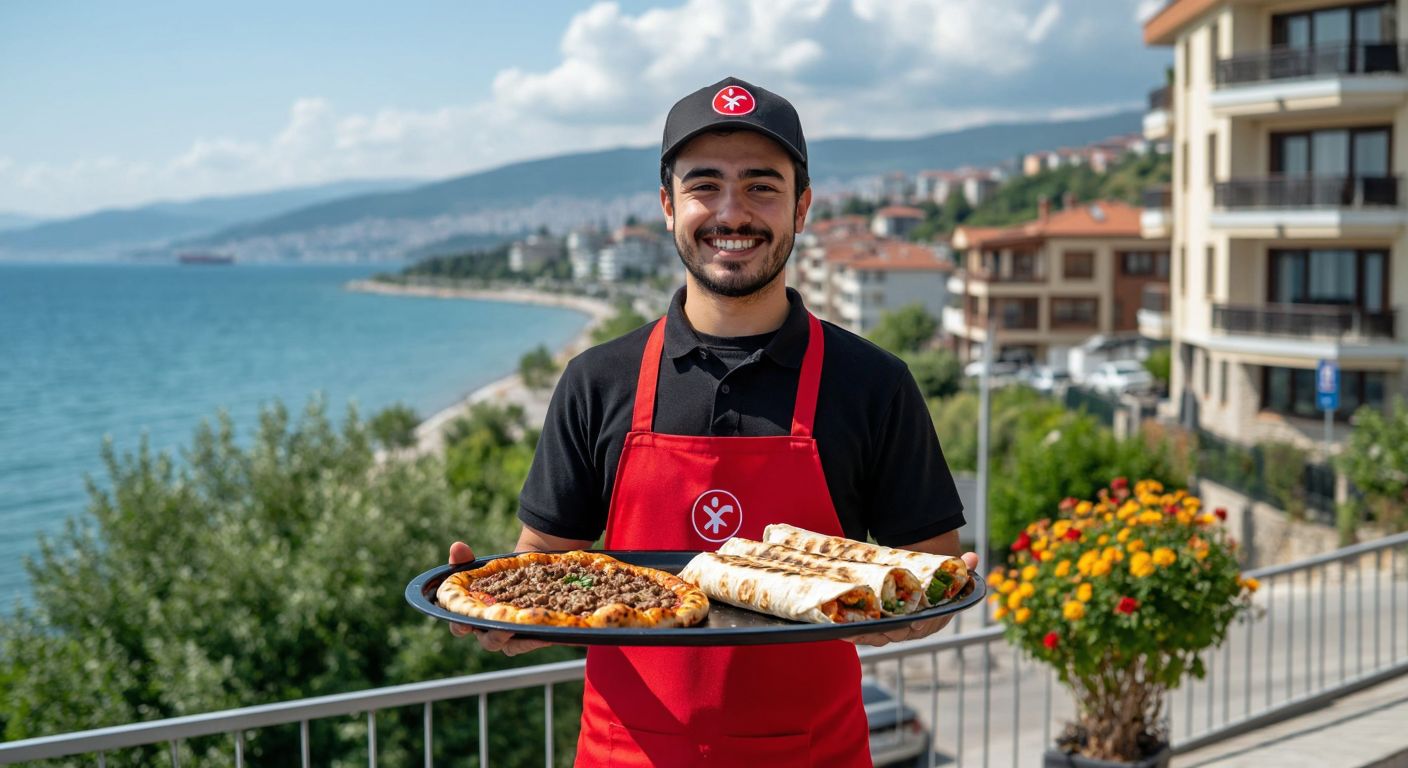 A smiling delivery person in a Yemeksepeti uniform holds a steaming tray of pide and dürüm against a backdrop of Karamürsel’s coastal streets.