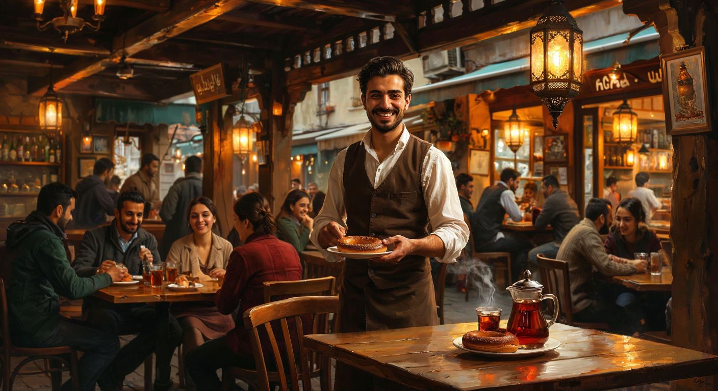 A cheerful waiter in a bustling Turkish café-bar warmly serves steaming çay and fresh simit to smiling customers seated at wooden tables under soft lantern light.