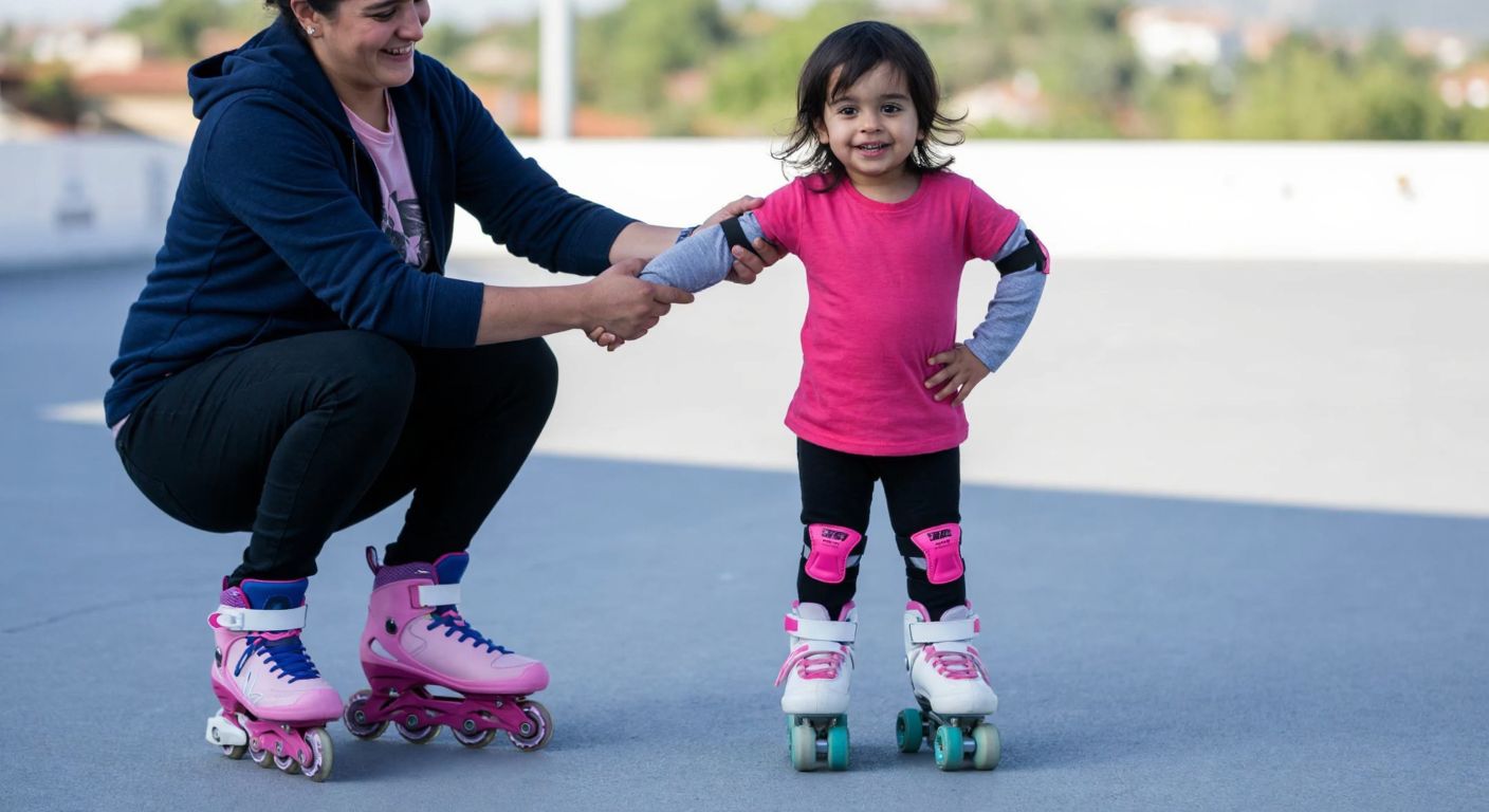 A smiling young child with dark hair, wearing a pink Oxelo roller skate, stands confidently on a smooth outdoor pavement in Turkey, with a parent kneeling nearby, offering support and encouragement.