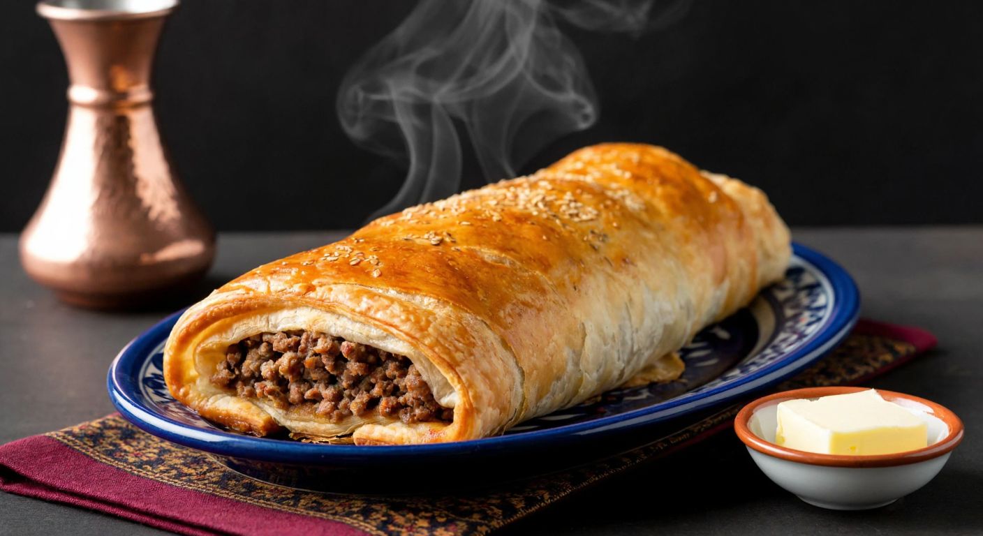 A golden-brown, flaky pastry roll filled with spiced minced meat, resting on a traditional Turkish ceramic plate, with steam rising from its crispy layers and a small bowl of clarified butter nearby.