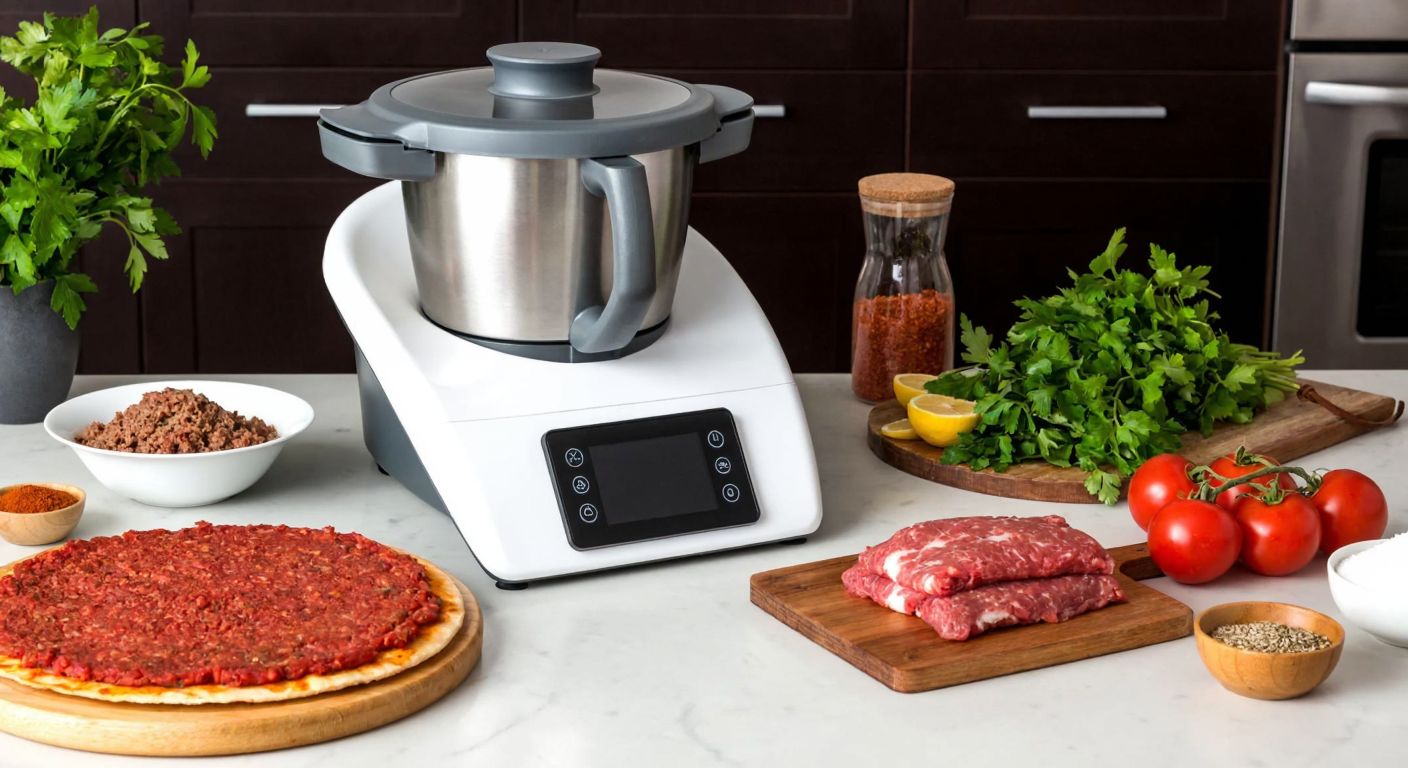 A Turkish kitchen counter with a Thermomix machine kneading dough, surrounded by fresh ingredients like minced meat, tomatoes, parsley, and spices for lahmacun.