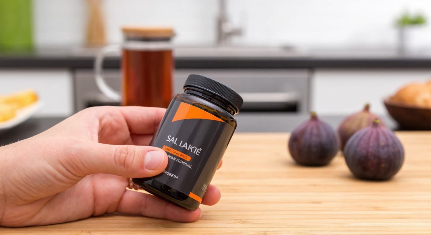 A close-up of a hand holding a supplement bottle with a visible label, set against a wooden kitchen counter with Turkish tea and fresh figs in the background.