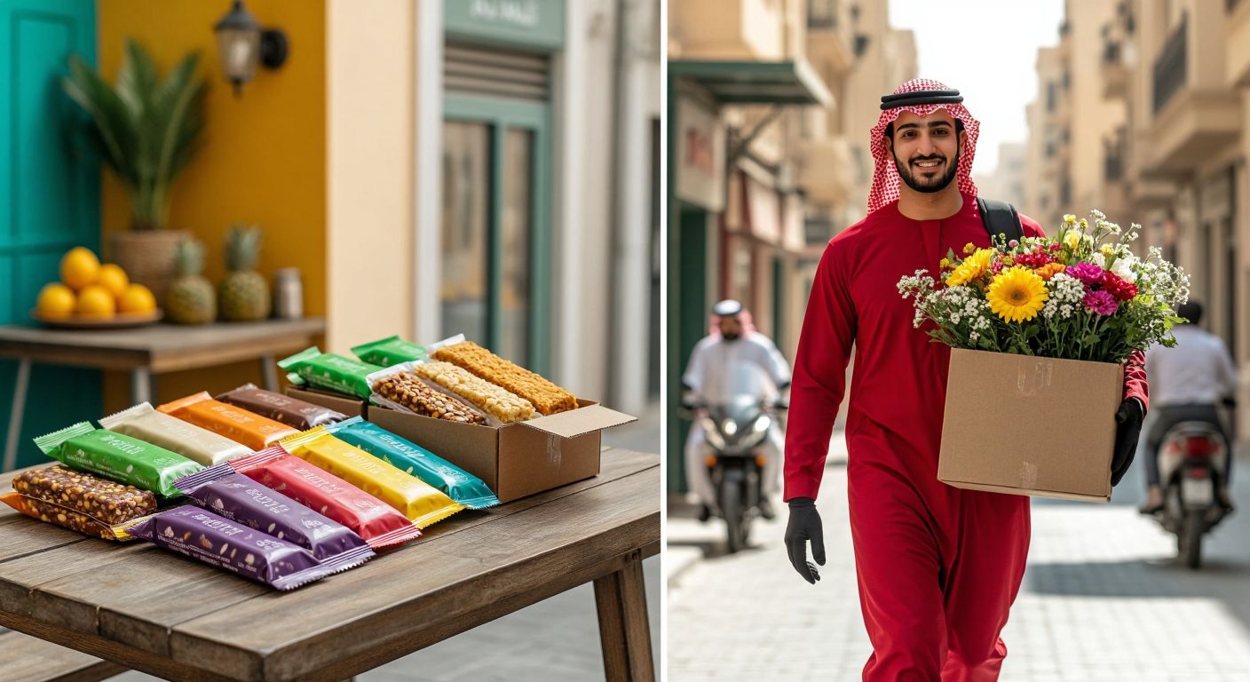 A vibrant split-screen image: on the left, colorful organic snack bars arranged neatly on a wooden table in a sunny American kitchen, and on the right, a Saudi delivery rider in a red uniform carrying a box of groceries and flowers through a bustling Middle Eastern city street.