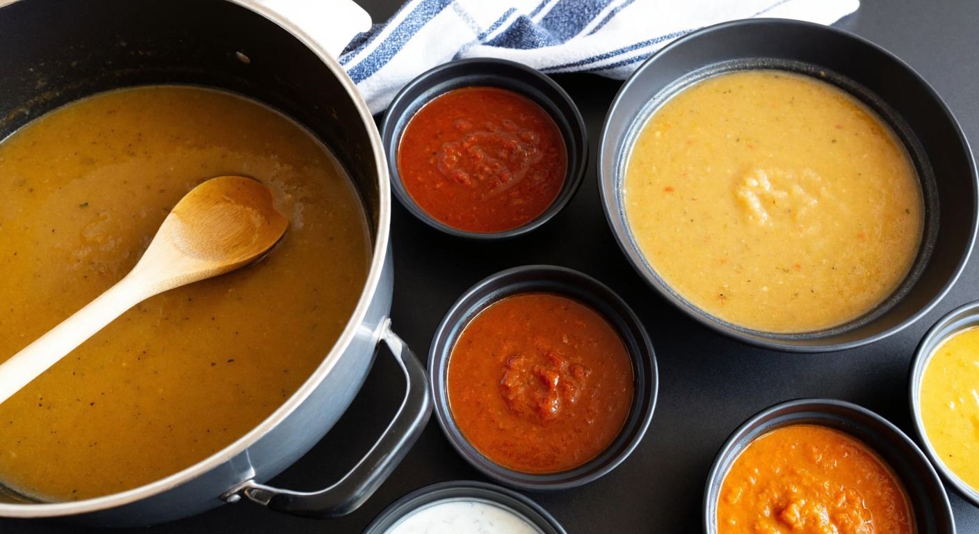 A steaming pot of thick, golden-brown gravy sits beside a vibrant array of colorful sauces in small bowls, with a wooden spoon resting on the edge of the pot, evoking warmth and culinary contrast.