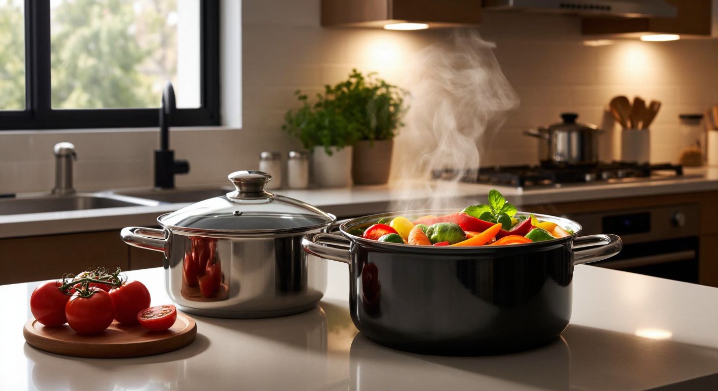 A gleaming **Porflame pot** (sleek, high-quality, with a glossy finish) sits beside a simpler **porcelain pot** (matte, less refined) on a Turkish kitchen counter, with steam rising from both as colorful vegetables simmer inside.
