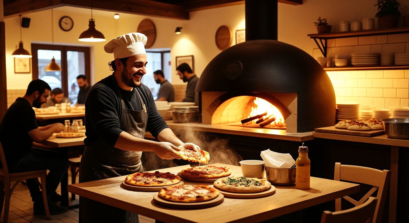 A warm, bustling pizzeria in Korucuk Mahallesi, Sakarya, with a wood-fired oven glowing in the background, a smiling chef tossing dough, and locals enjoying slices at wooden tables under soft golden lighting.