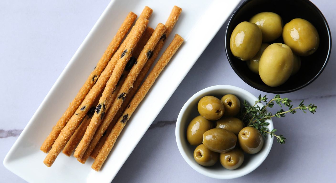 A neatly arranged plate of golden-brown **Eti Form Zeytinli Kinoalı çubuk kraker** sits beside a small bowl of green olives and a sprig of fresh thyme, evoking a wholesome Turkish snack.
