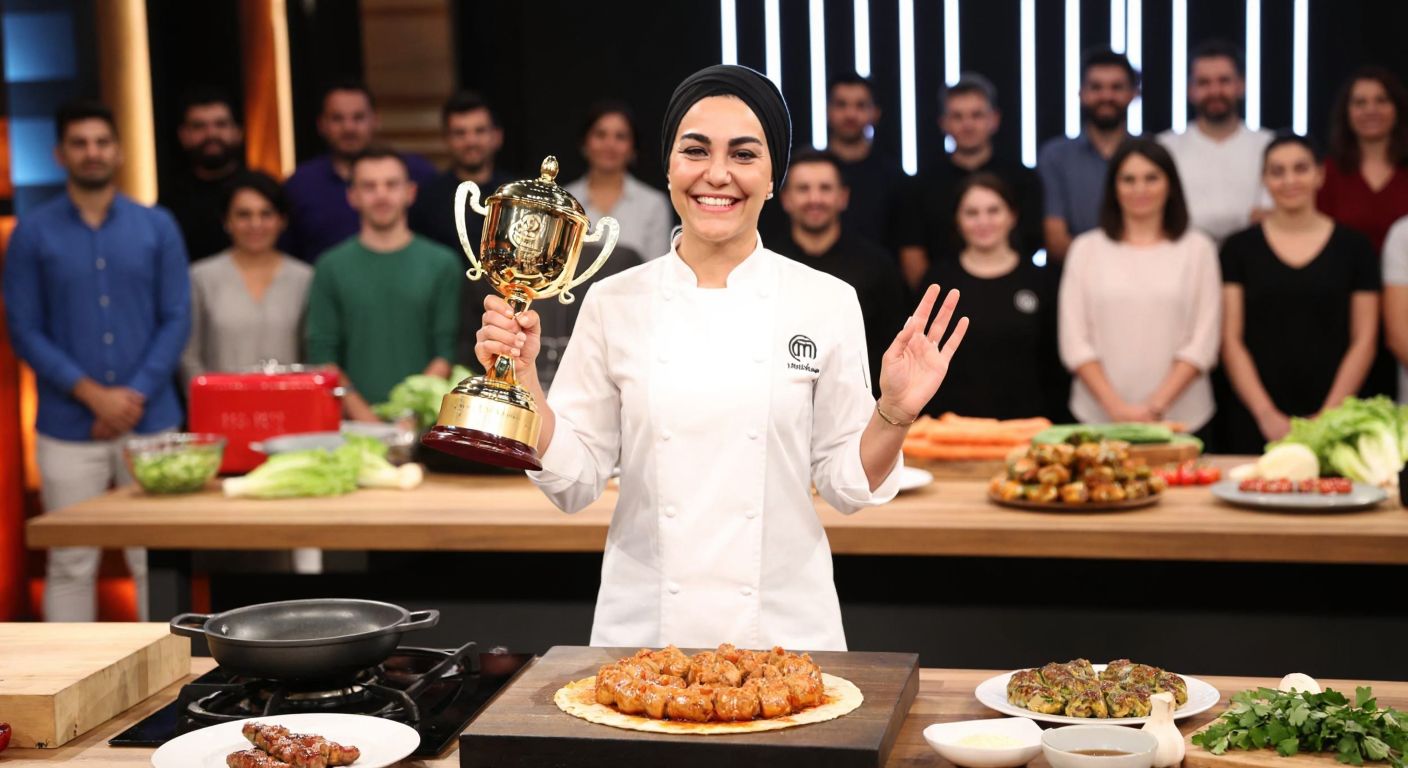 A smiling Esra Tokelli standing proudly in a MasterChef Türkiye kitchen, holding a golden trophy while surrounded by vibrant Turkish dishes like kebabs and baklava, with a cheering audience in the background.