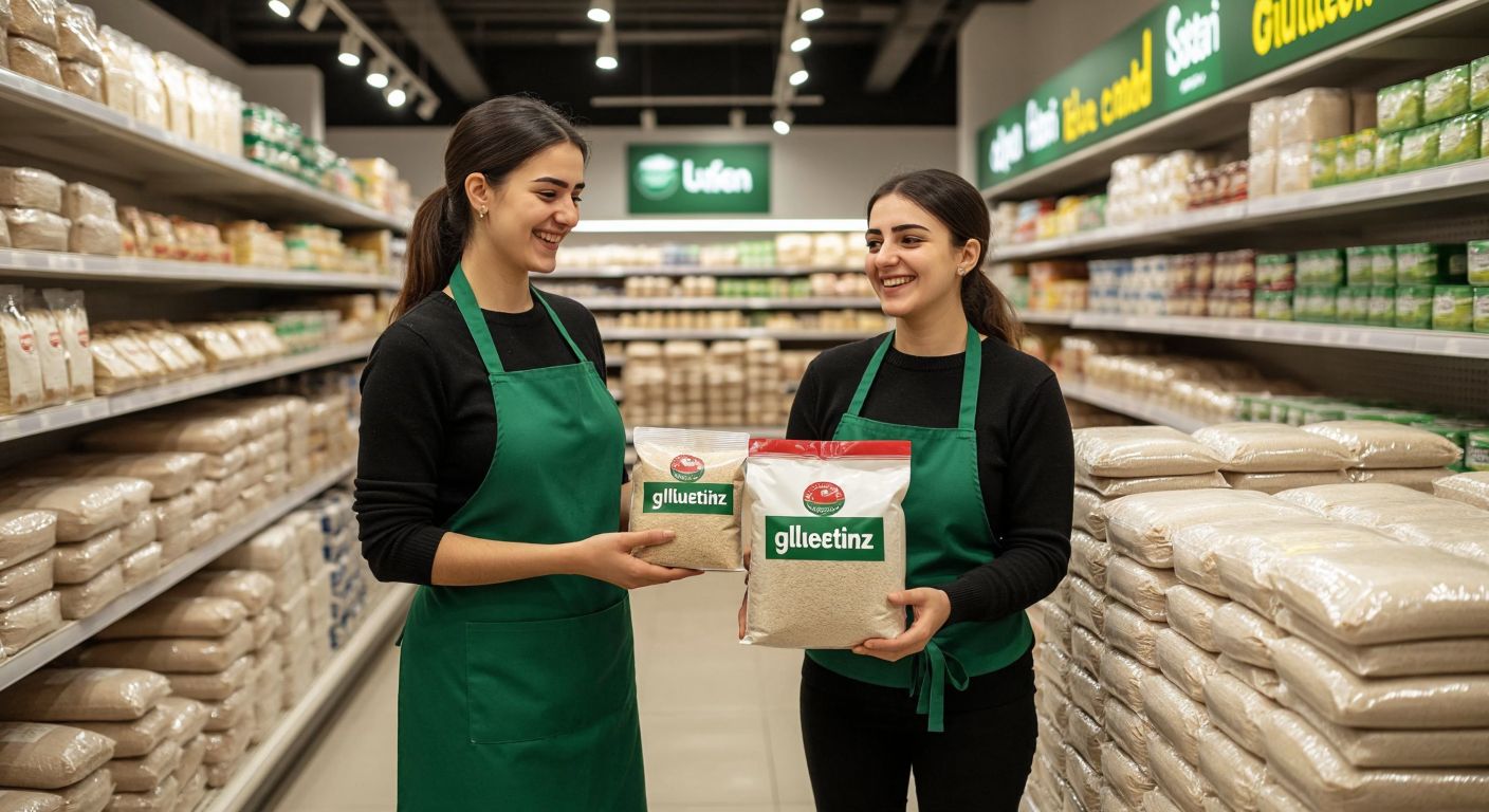 A well-lit Turkish supermarket aisle with neatly stacked bags of gluten-free flour, including buckwheat flour, and a smiling shopkeeper in a green apron holding a bag labeled "glutensiz un" while a customer examines it.  

(Note: The description avoids explicit text representation by implying the label rather than depicting it.)