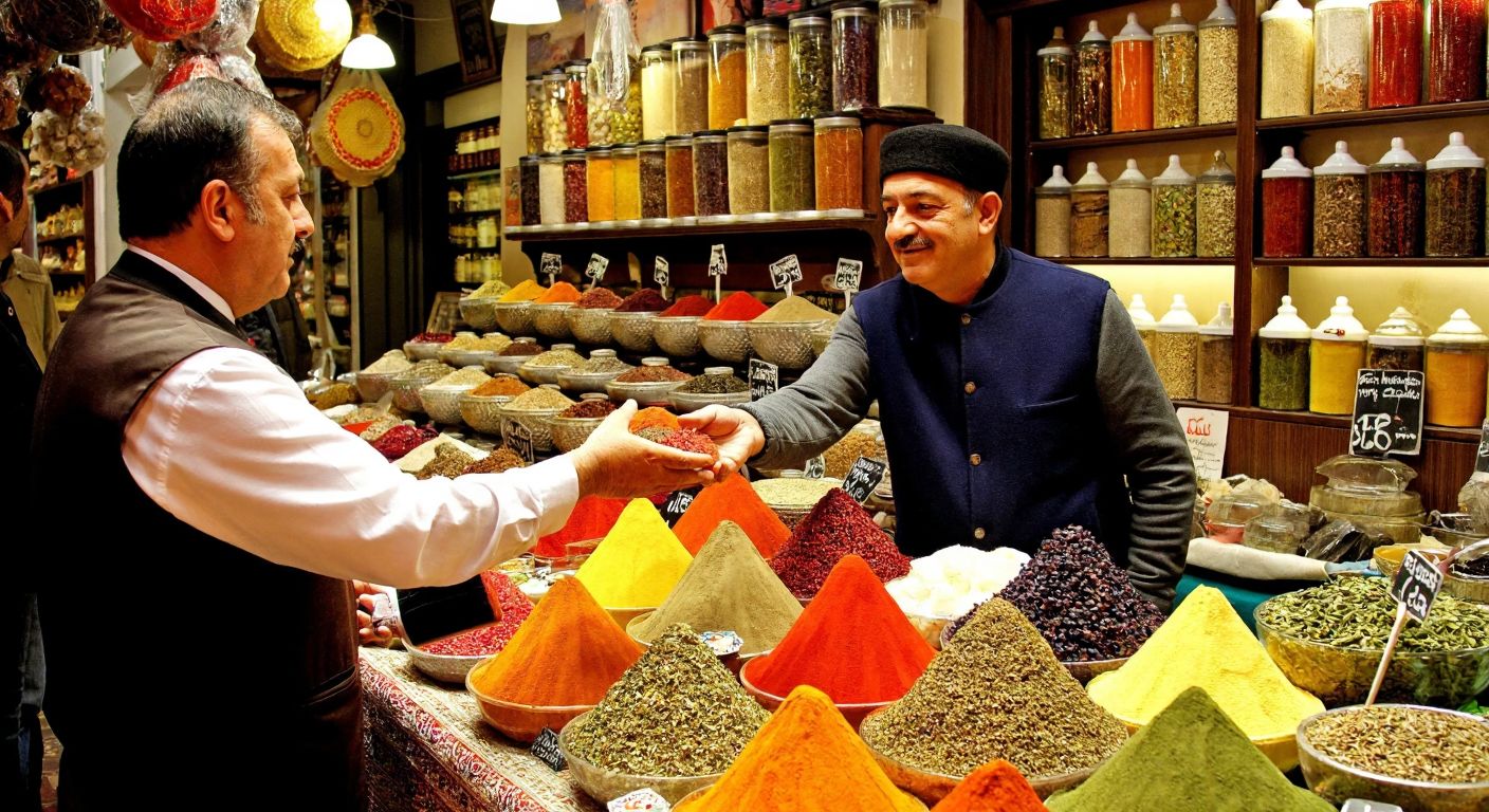 A vibrant Turkish bazaar scene where a merchant enthusiastically presents colorful spices to a curious customer, capturing the stages of attention, interest, desire, and action in a lively marketplace.
