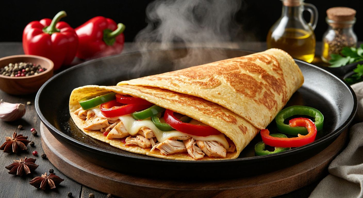 A golden-brown tortilla stuffed with shredded chicken, melted mozzarella, and sautéed red and green peppers, sizzling in a pan with steam rising, surrounded by fresh ingredients like uncut peppers, spices, and olive oil.