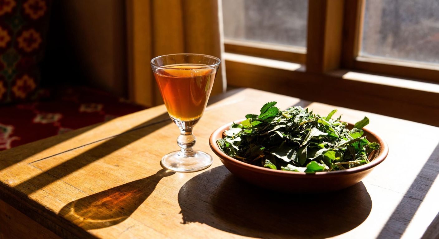 A rustic wooden table in a cozy Turkish setting holds a glass of amber vermut next to a small bowl of dried verem otu (lungwort) leaves, with sunlight streaming through a window onto a traditional woven tablecloth.
