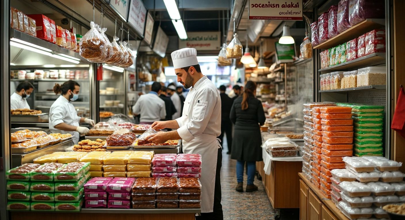 A bustling Turkish marketplace with colorful stacks of packaged baking ingredients, a chef demonstrating pastry techniques to an engaged crowd, and a modern laboratory with scientists testing new food products.