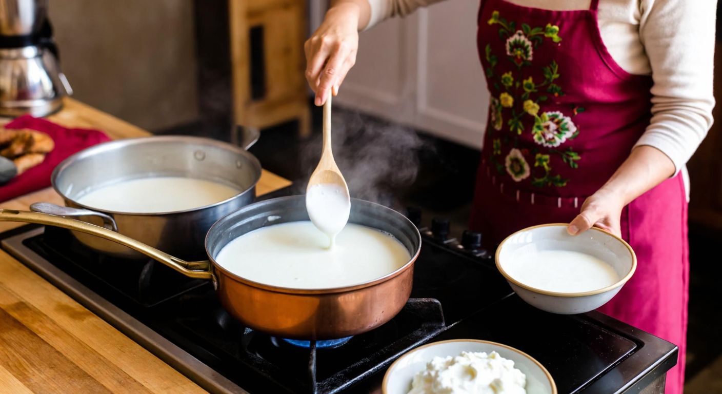 A warm Turkish kitchen with a pot of steaming milk on a stove, a wooden spoon resting beside it, and a bowl of fresh yogurt nearby, while a woman in a traditional apron carefully stirs the mixture with a focused expression.