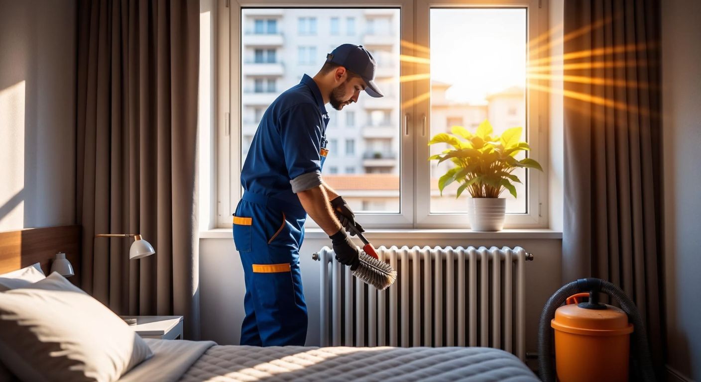 A worker in a blue uniform carefully cleans a radiator with a brush and vacuum in a modern apartment on Selahattin Pınar Street, with warm sunlight streaming through the window.