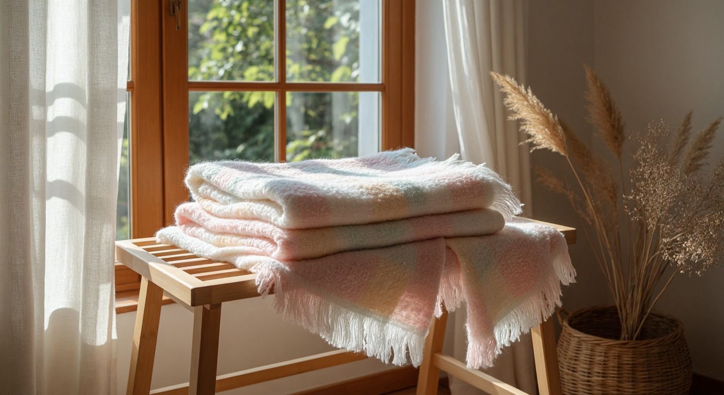 A soft, fluffy baby blanket with delicate pastel colors lies neatly folded on a wooden drying rack in a sunlit Turkish home, with a gentle breeze from an open window lightly ruffling its fibers.