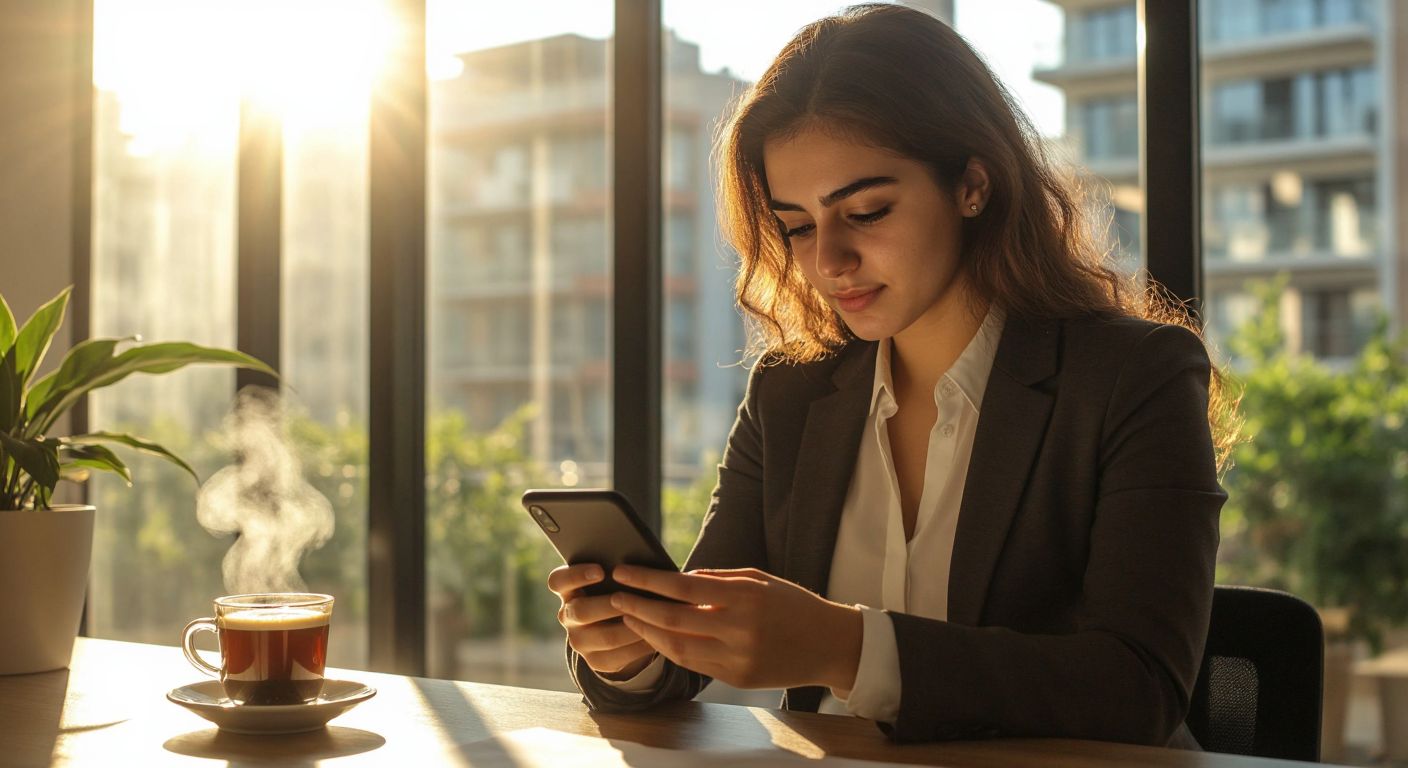 A young Turkish professional in a modern office confidently taps on a smartphone screen while sunlight streams through the window, with a steaming cup of Turkish coffee beside them.
