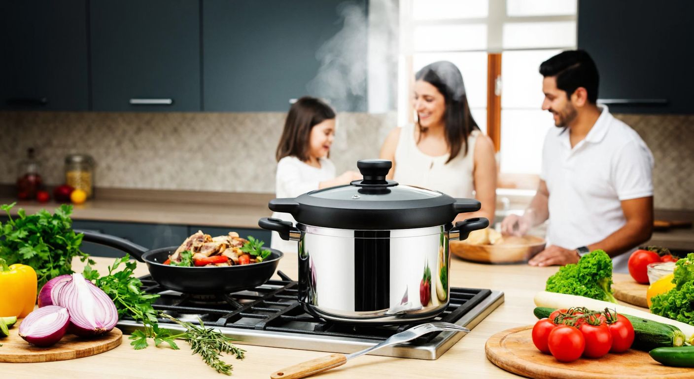 A steaming Tefal pressure cooker sits on a stovetop in a cozy Turkish kitchen, surrounded by fresh vegetables and herbs, with a small family of four smiling as they prepare a meal together.