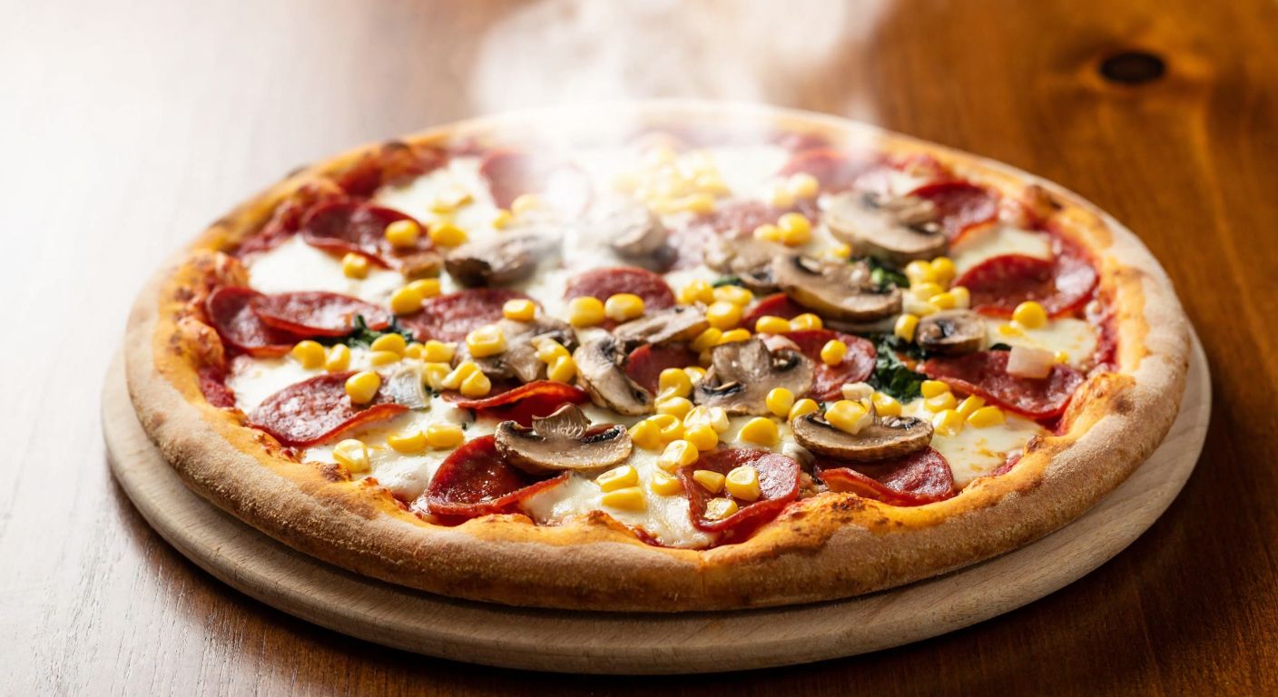 A freshly baked pizza with a golden crust, topped with melted mozzarella cheese, sliced sausages, mushrooms, and scattered corn kernels, steaming on a wooden table in a cozy Turkish pizzeria.
