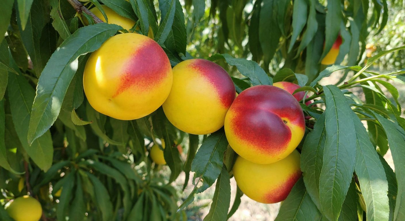 A sunlit orchard in Bursa with ripe, smooth-skinned nectarines in shades of yellow and red hanging from leafy branches, their vibrant colors contrasting against the deep green foliage.