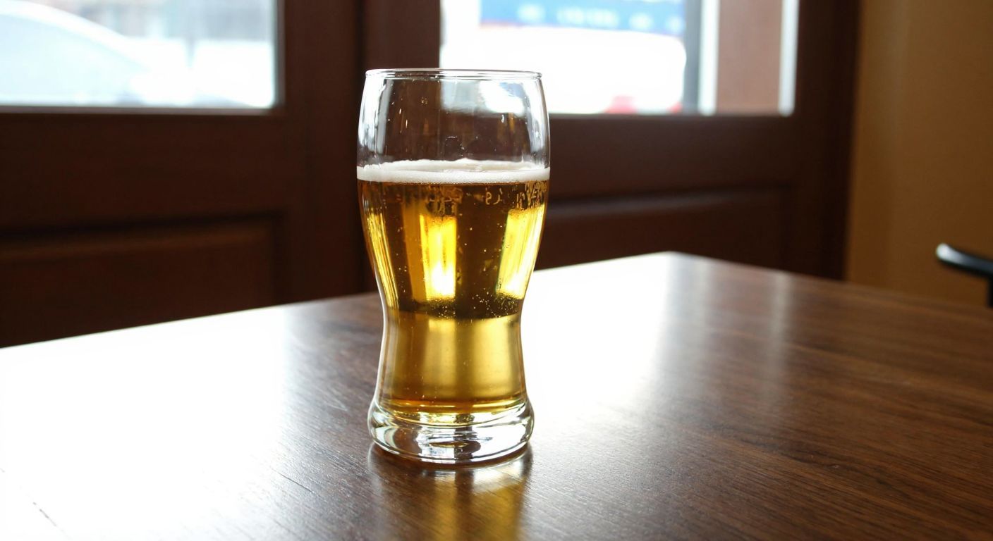 A sleek, transparent Paşabahçe Bistro beer glass filled with golden beer, resting on a wooden table in a cozy Turkish café, with soft sunlight reflecting off its crystal-clear surface.