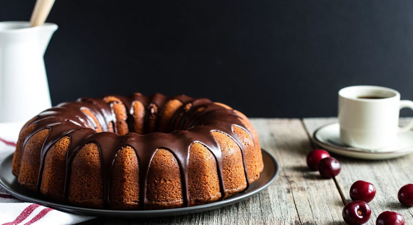 A freshly baked sour cherry cake with a glossy dark chocolate drizzle, served on a rustic wooden table in a cozy Turkish kitchen.