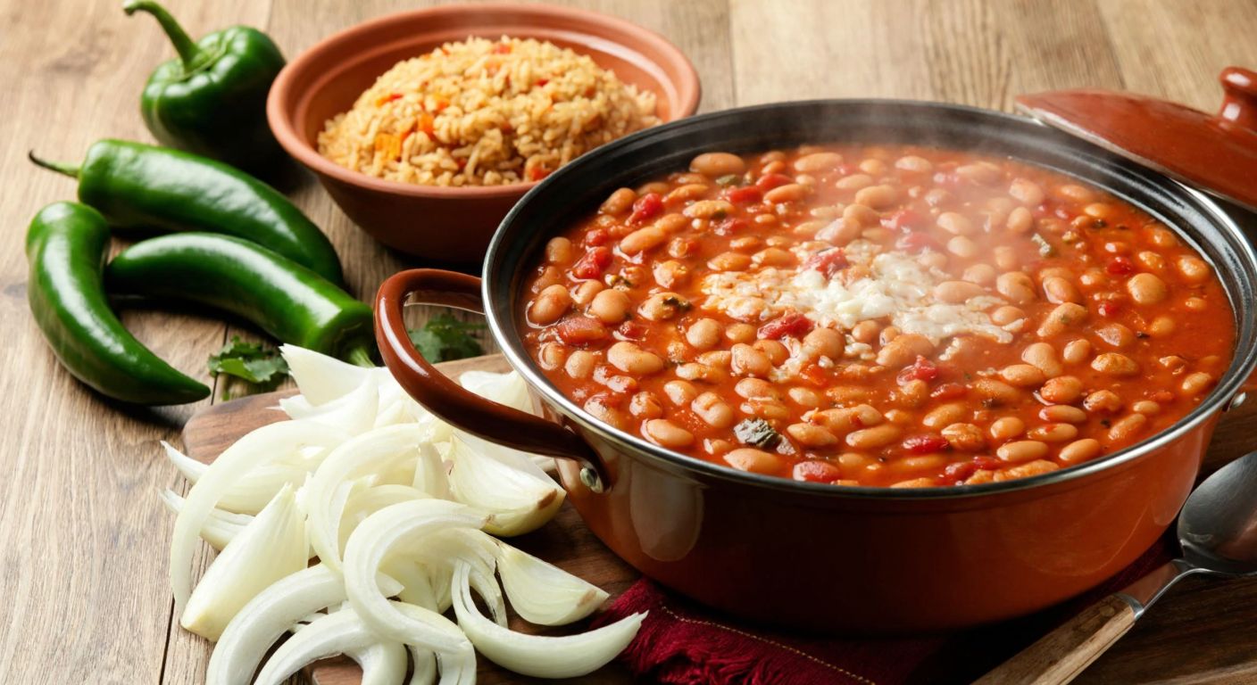 A steaming pot of Turkish kuru fasulye with fresh, firm onions scattered around it on a wooden table, surrounded by vibrant green peppers and a rustic clay bowl of pilaf.