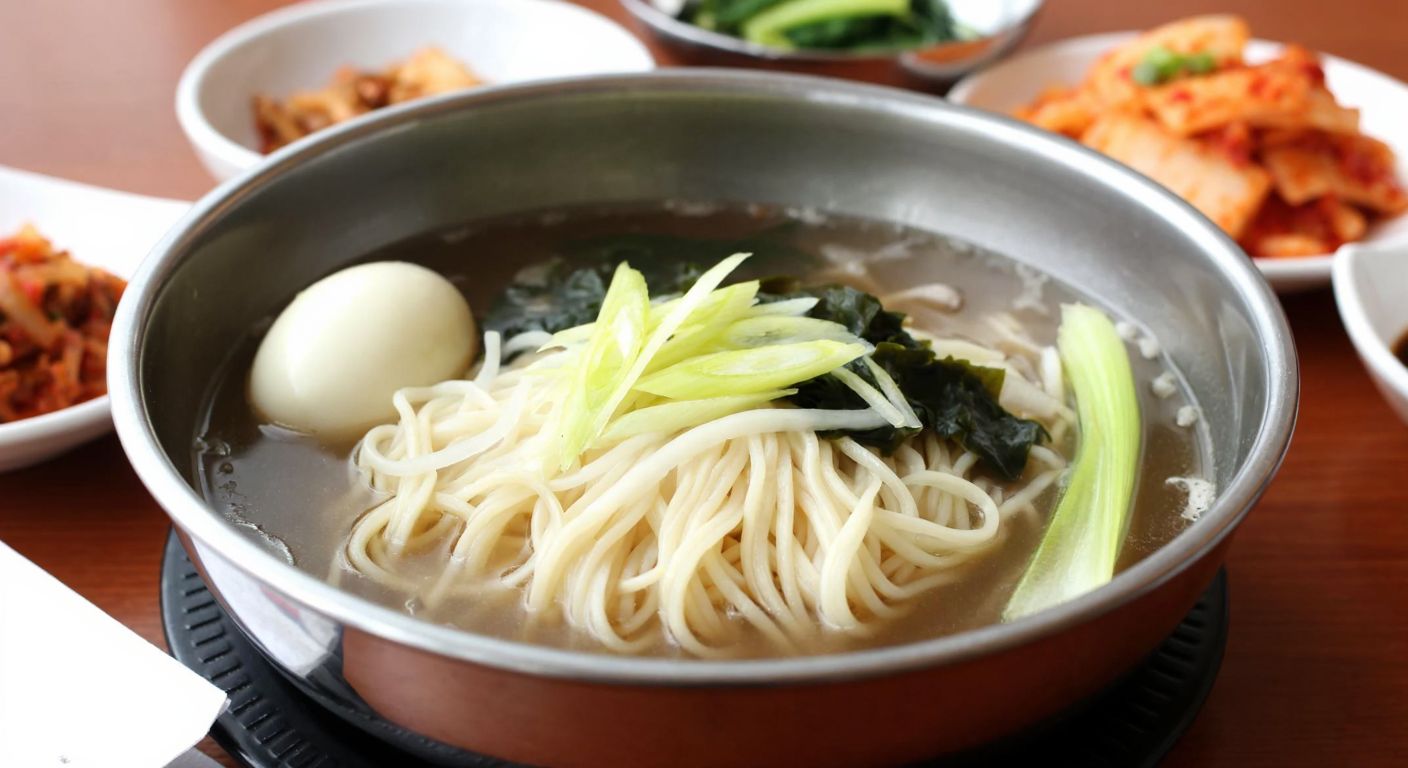 A steaming bowl of thin wheat noodles (guksu) in a clear broth, garnished with sliced scallions and a boiled egg, placed on a wooden table with traditional Korean side dishes like kimchi in the background.