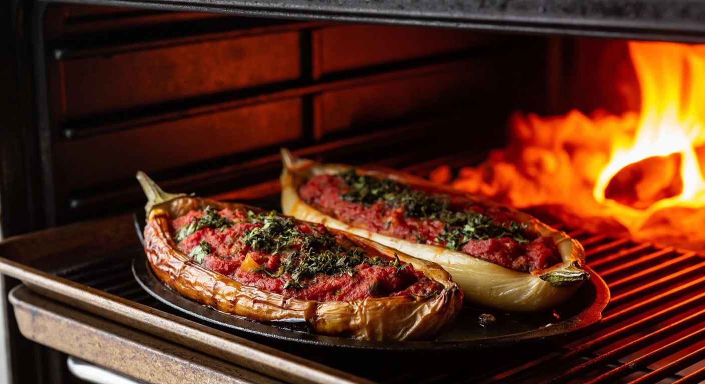 A golden-brown karnıyarık dish with stuffed eggplants, fresh herbs, and bubbling tomato sauce sits on a rustic tray inside a warm, glowing oven.