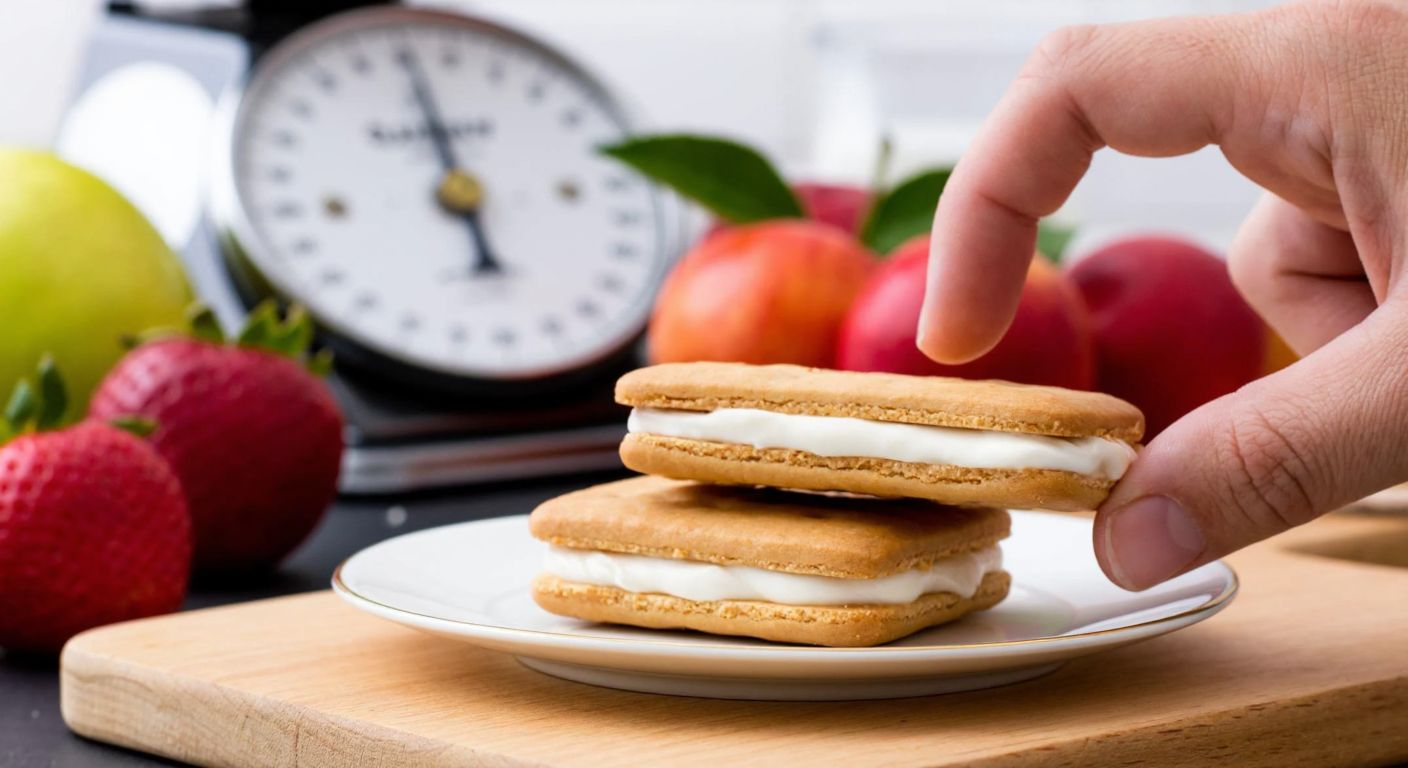 A hand hesitantly holding a single Saklıköy cream-filled biscuit over a small plate, with a kitchen scale and fresh fruit in the background, conveying cautious indulgence in a Turkish home setting.