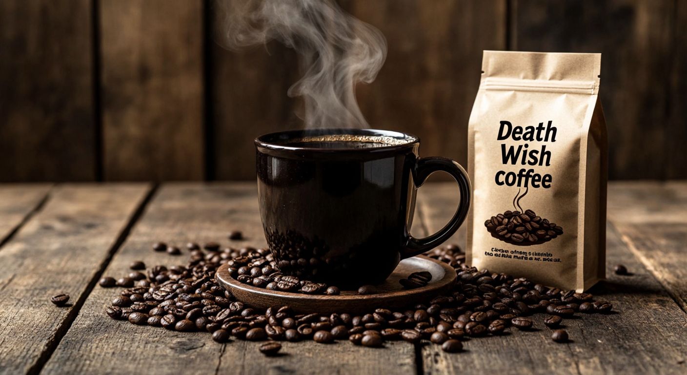 A dark, steaming cup of strong black coffee sits on a rustic wooden table, surrounded by scattered coffee beans and a small bag labeled "Death Wish Coffee," with a faint aroma swirl rising in the warm light of a cozy café.  

(Note: The label is implied but not visually represented—only the texture and shape of the bag are described.)