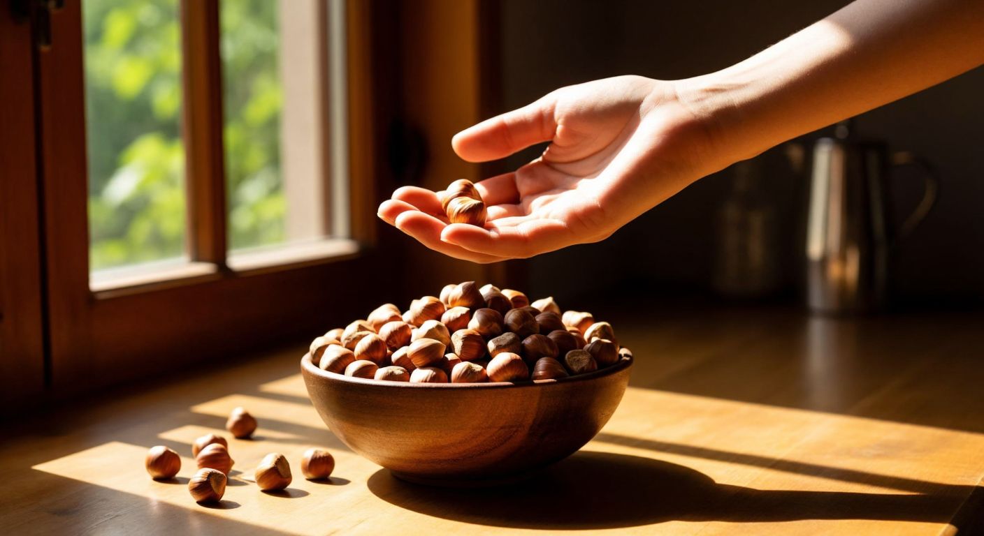 A warm, sunlit wooden table in a Turkish kitchen holds a small bowl of golden-brown hazelnuts, with a person’s cupped hand gently pouring a handful beside it, evoking health and natural abundance.