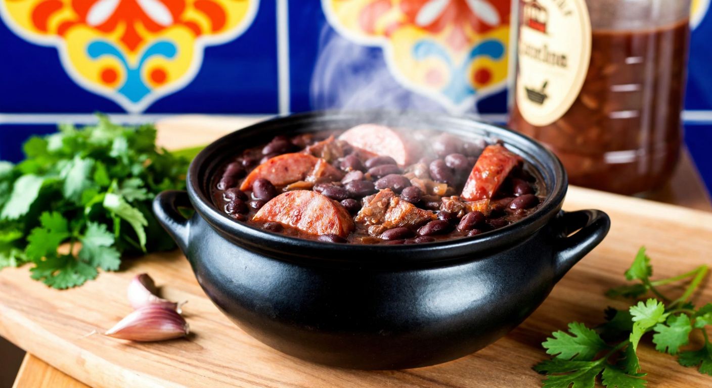 A steaming black clay pot filled with feijoada—a rich stew of black beans, pork, and sausage—resting on a wooden table in a vibrant Brazilian kitchen, with colorful tiles and fresh cilantro scattered nearby.