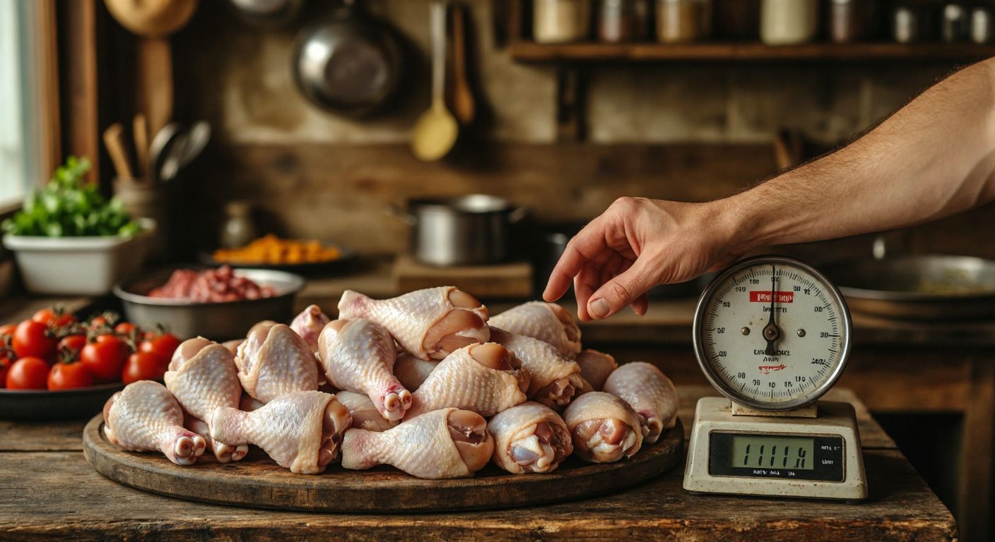 A rustic wooden table in a Turkish kitchen holds a pile of fresh chicken drumsticks, with a butcher's scale nearby showing a weight of 1 kilogram, while a hand gestures toward the drumsticks to indicate counting.