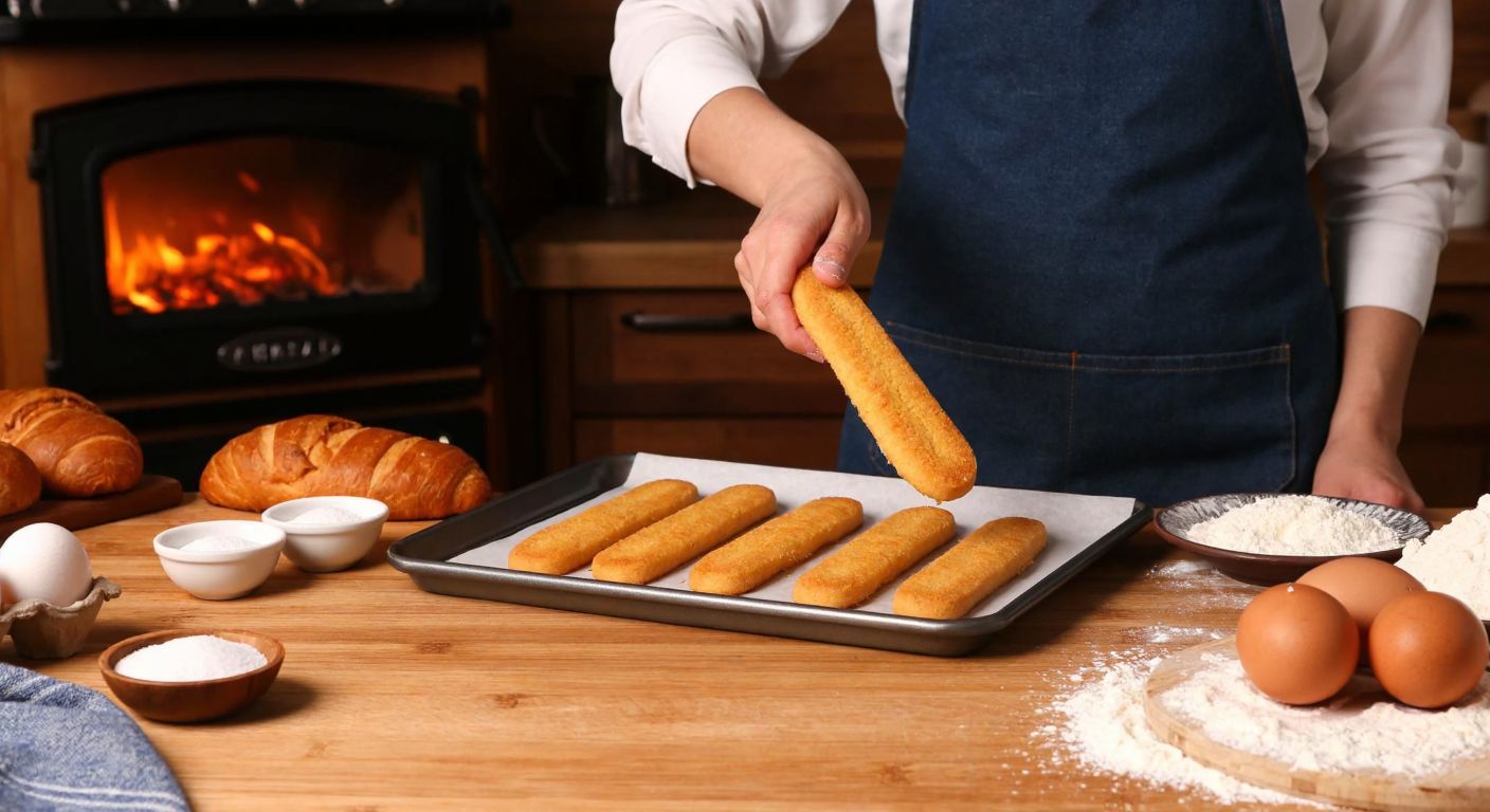 A warm Turkish kitchen with a wooden countertop, where a person in an apron is piping golden-brown cat tongue biscuit dough onto a baking tray, surrounded by bowls of ingredients like eggs, sugar, and flour, with a cozy oven glowing in the background.