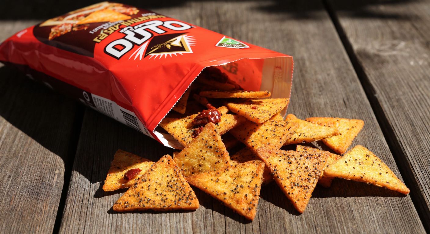 A vibrant, open bag of Doritos Turca Haşhaşlı cips spills onto a rustic wooden table, with golden-brown triangular chips dusted in poppy seeds and dried tomato flakes, evoking a savory crunch under warm Turkish sunlight.