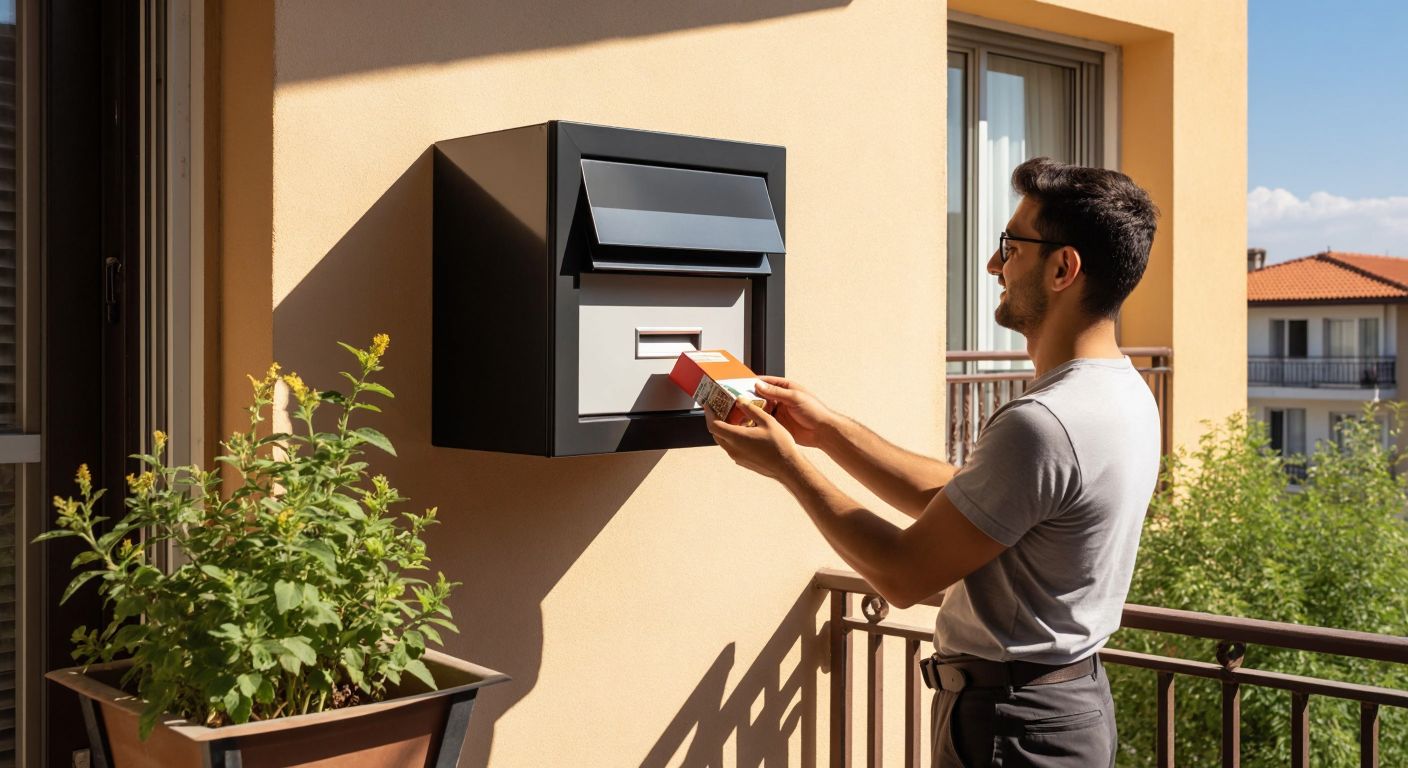 A sturdy black SGS mailbox mounted on a sunlit apartment wall in Turkey, with a postal worker placing a small package inside while a resident watches from a nearby balcony with a content expression.