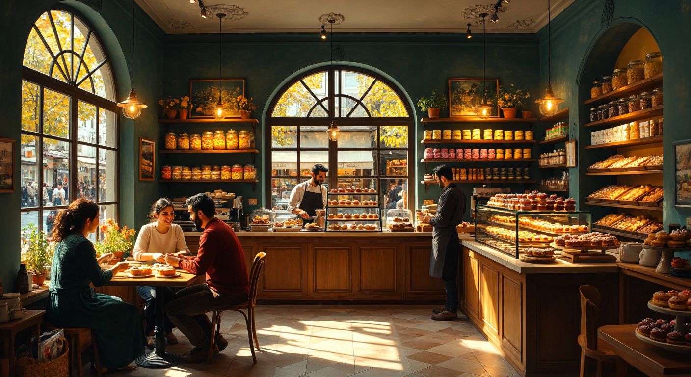 A cozy bakery in Istanbul with warm golden lighting, shelves filled with colorful pastries, and happy customers chatting at small wooden tables, while a friendly baker behind the counter serves a slice of cake.