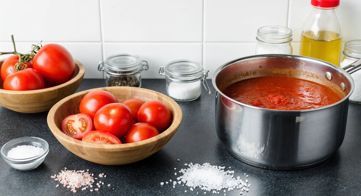 A Turkish kitchen countertop with a large steel pot of simmering red tomato sauce, freshly peeled tomatoes in a wooden bowl, and clean glass jars with metal lids ready to be filled, surrounded by scattered salt, sugar, and oil.