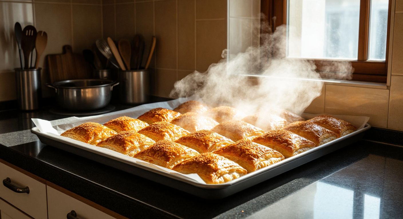 A warm Turkish kitchen with a tray of freshly baked börek on a counter, one half lined with glossy silicone paper and the other with translucent greaseproof paper, steam rising from the golden pastry.