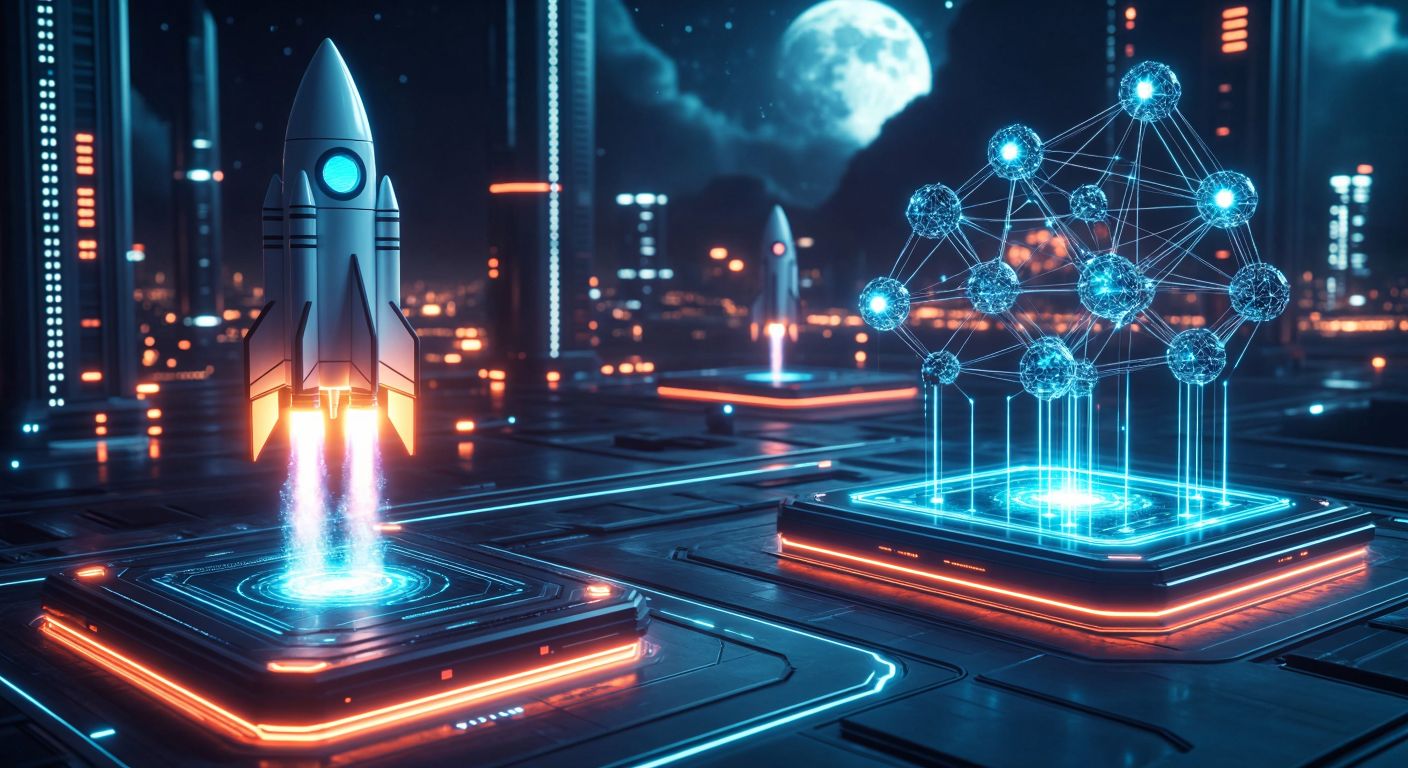 A futuristic digital marketplace with two distinct glowing platforms—one resembling a sleek launchpad with ascending project rockets, and the other a decentralized exchange hub with interconnected nodes—symbolizing their complementary roles in crypto fundraising.