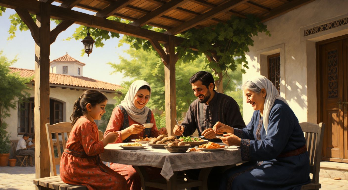 A Turkish family joyfully sharing a meal under a sunny pergola, with a grandmother discreetly tucking coins into a small wooden savings box beside her.
