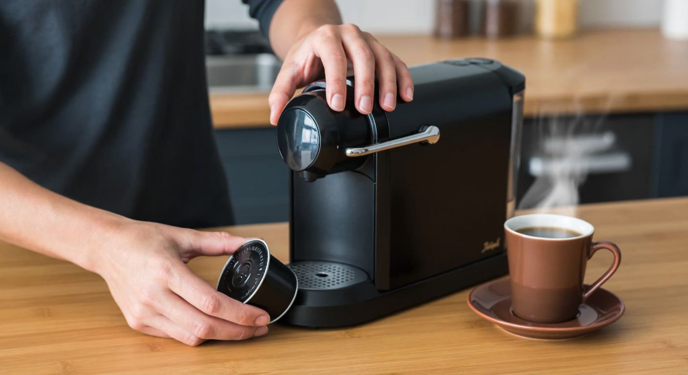 A close-up of hands carefully inserting a coffee capsule into a Tchibo Compact machine, with a warm Turkish coffee cup steaming beside it on a wooden kitchen counter.